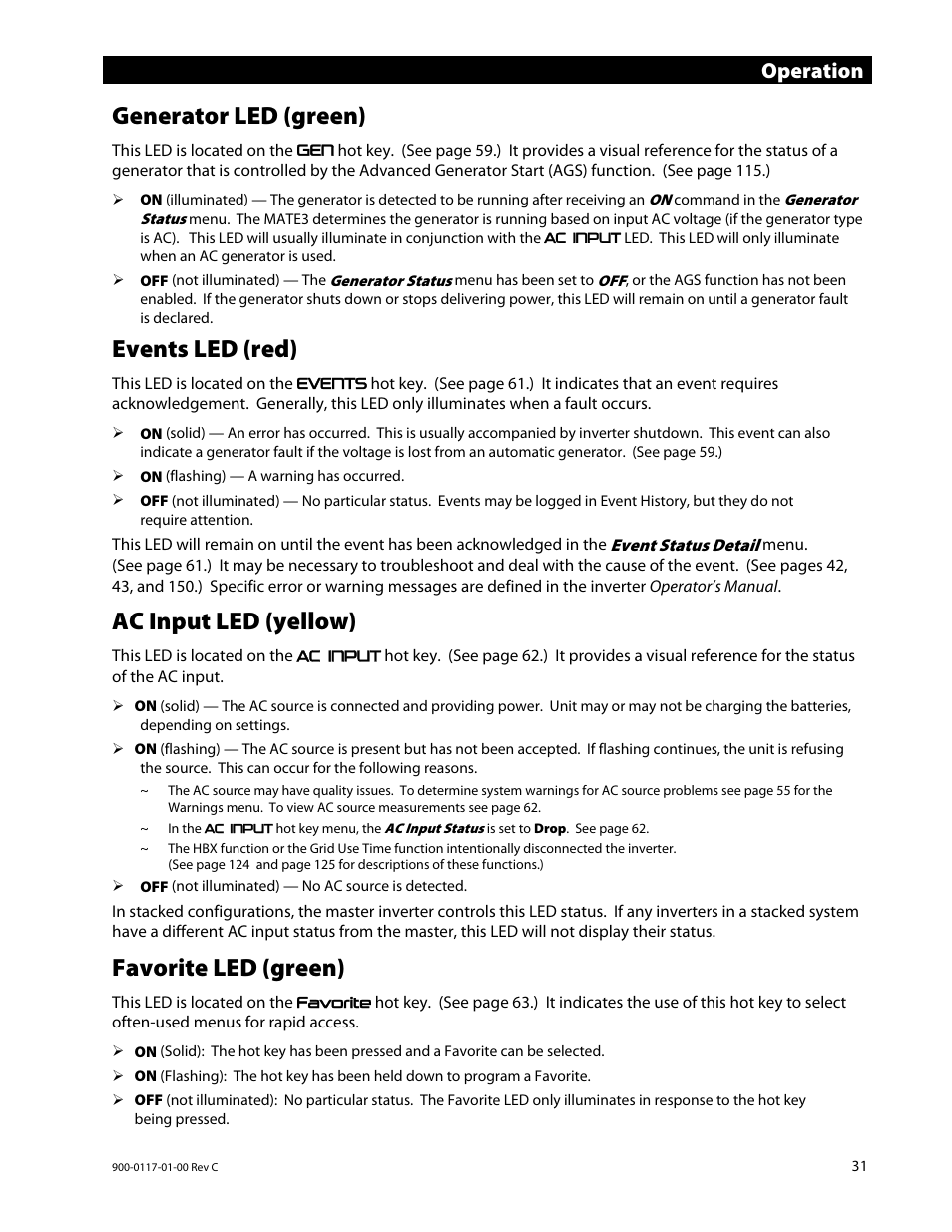 Generator led (green), Events led (red), Ac input led (yellow) | Favorite led (green), Operation | Outback Power Systems MATE3 Owners Manual User Manual | Page 33 / 190