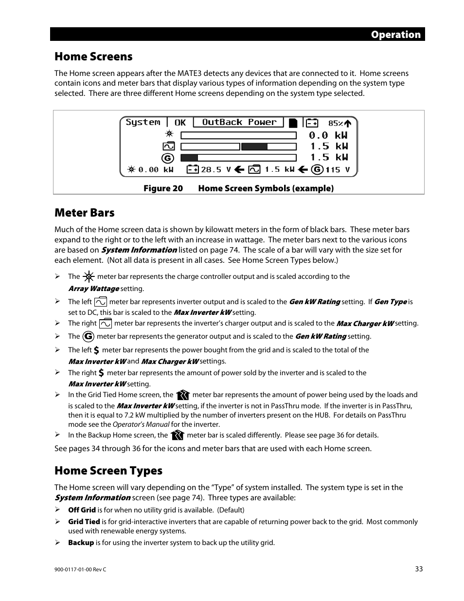 Home screens, Meter bars, Home screen types | Operation | Outback Power Systems MATE3 Owners Manual User Manual | Page 35 / 190