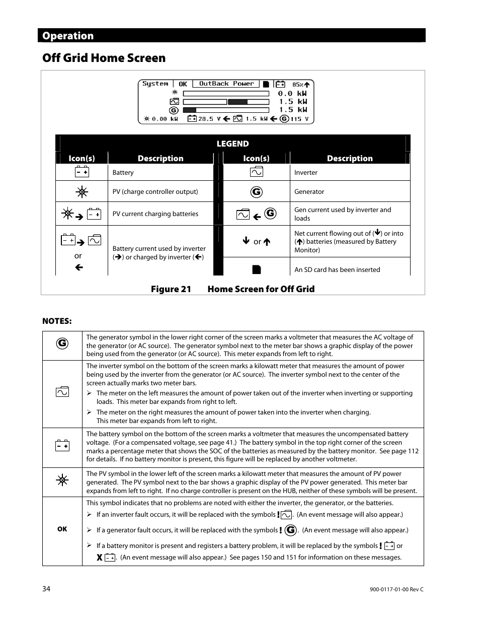 Off grid home screen, Operation | Outback Power Systems MATE3 Owners Manual User Manual | Page 36 / 190