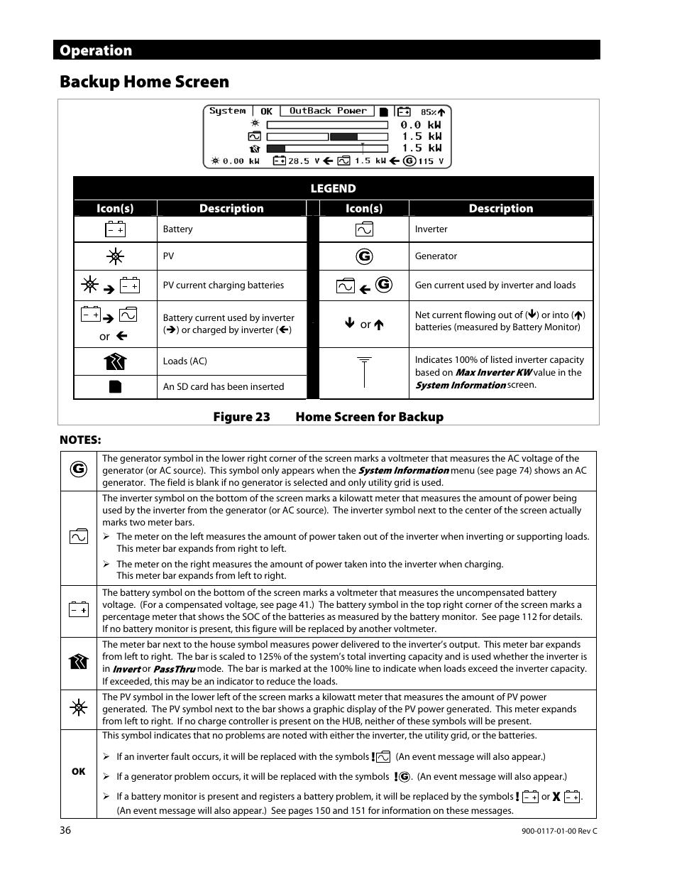 Backup home screen, Operation | Outback Power Systems MATE3 Owners Manual User Manual | Page 38 / 190