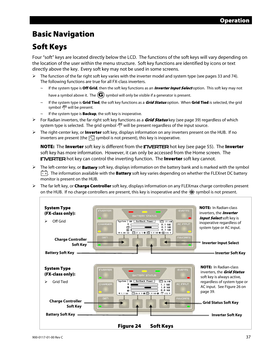 Basic navigation, Soft keys, Operation | Outback Power Systems MATE3 Owners Manual User Manual | Page 39 / 190