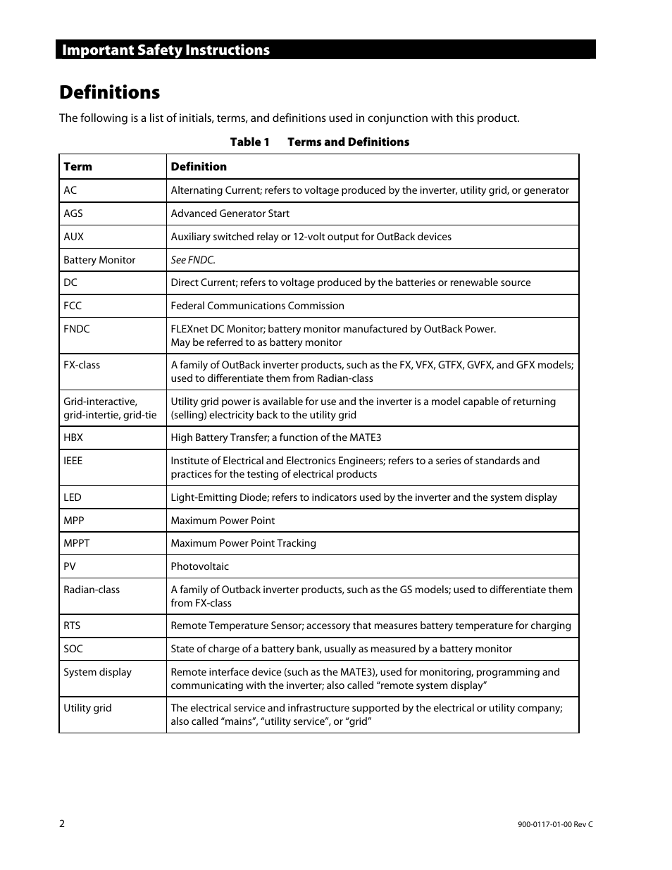 Definitions, Important safety instructions | Outback Power Systems MATE3 Owners Manual User Manual | Page 4 / 190