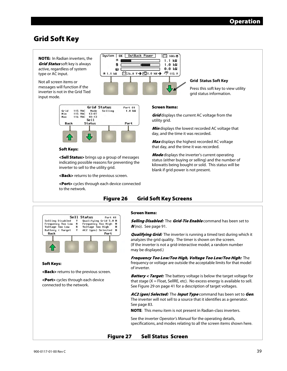 Grid soft key, Operation, Figure 26 grid soft key screens | Figure 27 sell status screen | Outback Power Systems MATE3 Owners Manual User Manual | Page 41 / 190