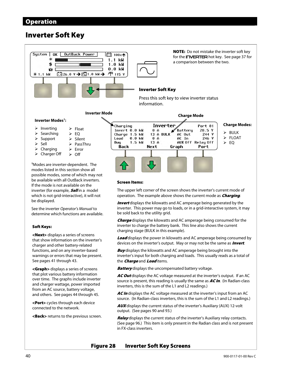 Inverter soft key, Operation, Figure 28 inverter soft key screens | Outback Power Systems MATE3 Owners Manual User Manual | Page 42 / 190