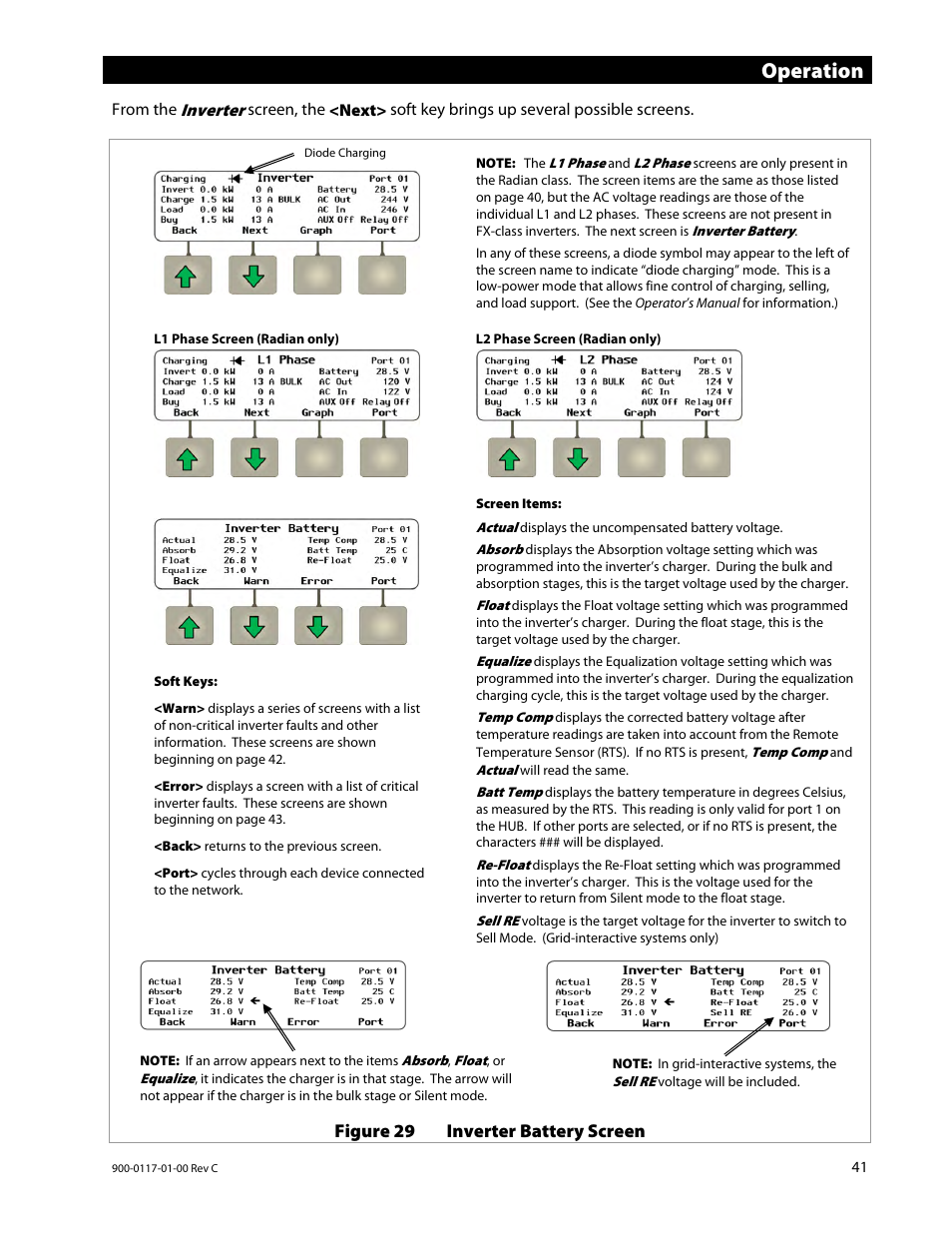 Operation, Inverter, Figure 29 inverter battery screen | Outback Power Systems MATE3 Owners Manual User Manual | Page 43 / 190