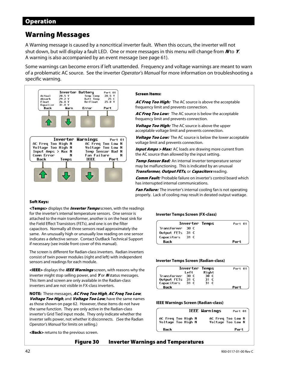 Warning messages, Operation | Outback Power Systems MATE3 Owners Manual User Manual | Page 44 / 190