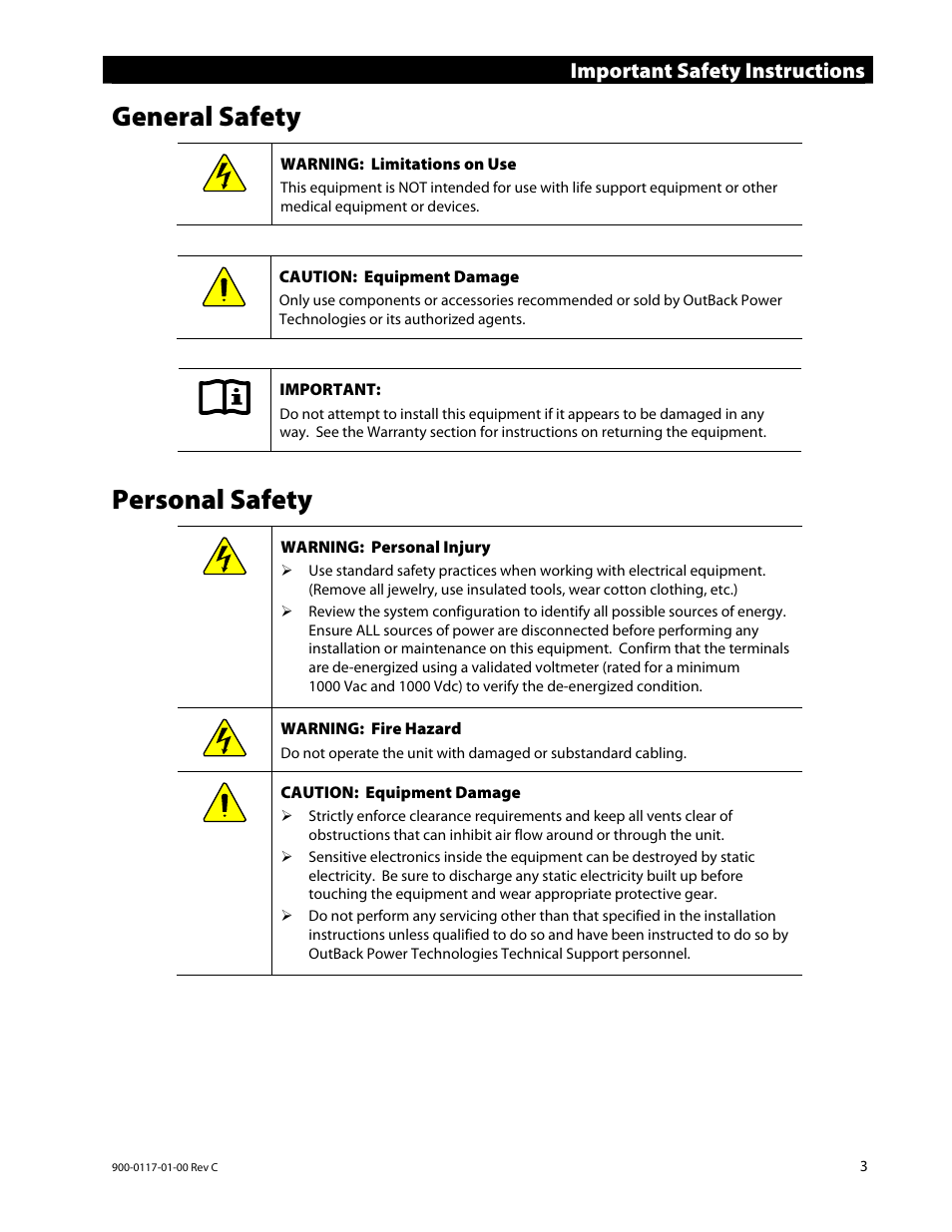 General safety, Personal safety, Important safety instructions | Outback Power Systems MATE3 Owners Manual User Manual | Page 5 / 190