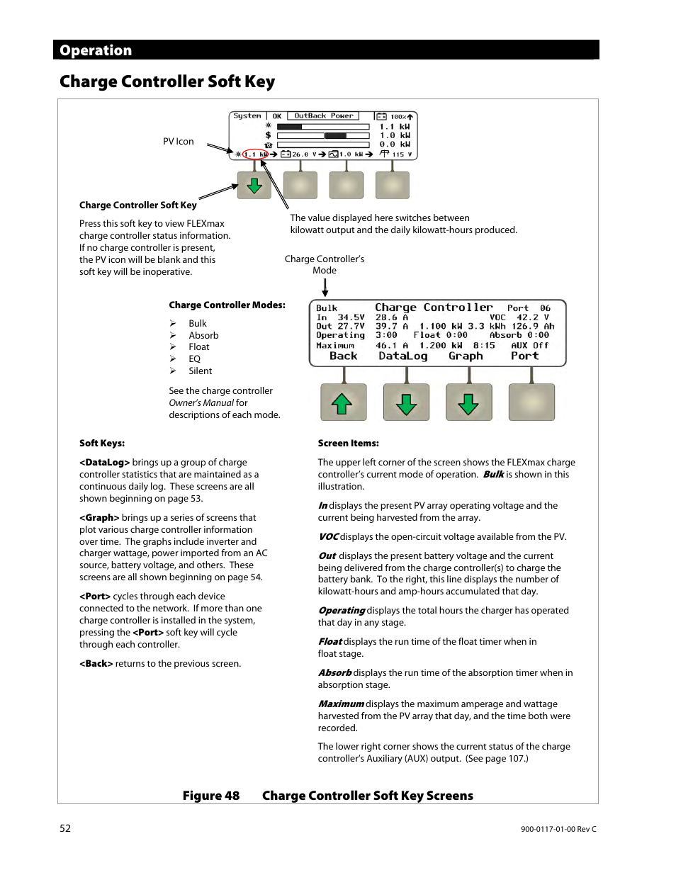 Charge controller soft key, Operation | Outback Power Systems MATE3 Owners Manual User Manual | Page 54 / 190
