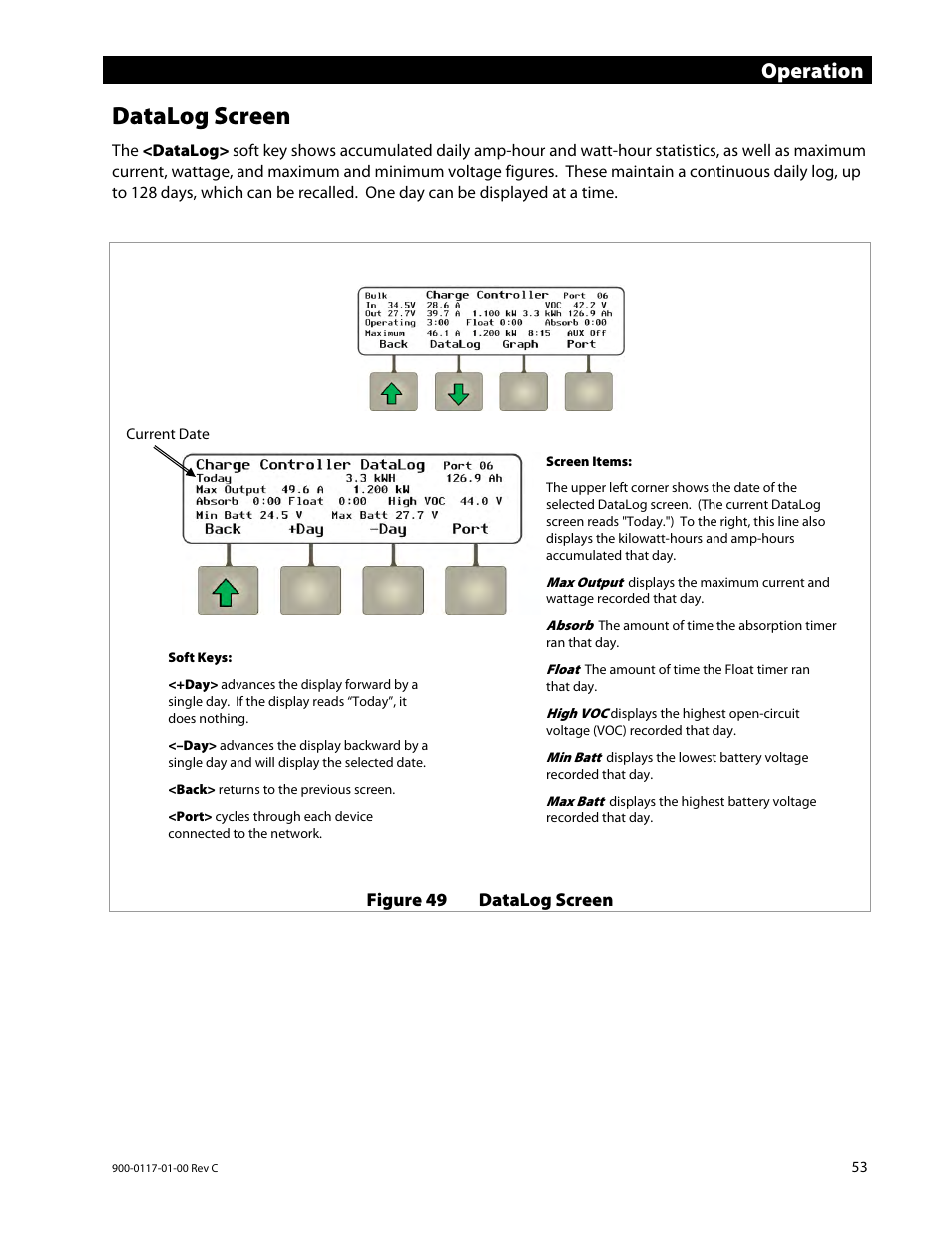 Datalog screen, Operation | Outback Power Systems MATE3 Owners Manual User Manual | Page 55 / 190