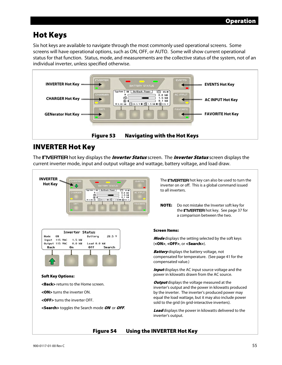 Hot keys, Inverter hot key, Operation | Outback Power Systems MATE3 Owners Manual User Manual | Page 57 / 190