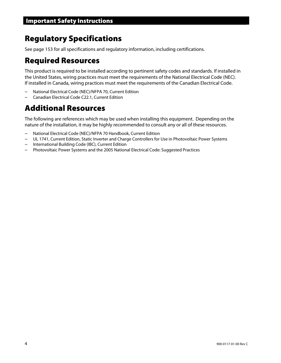 Regulatory specifications, Required resources, Additional resources | Important safety instructions | Outback Power Systems MATE3 Owners Manual User Manual | Page 6 / 190