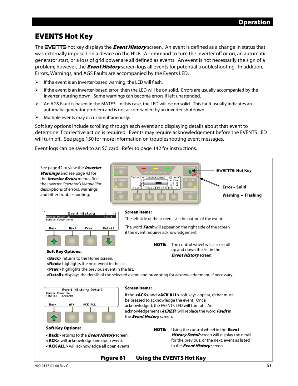 Events hot key, Operation | Outback Power Systems MATE3 Owners Manual User Manual | Page 63 / 190