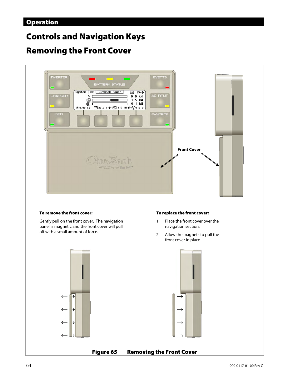 Controls and navigation keys, Removing the front cover, Operation | Outback Power Systems MATE3 Owners Manual User Manual | Page 66 / 190