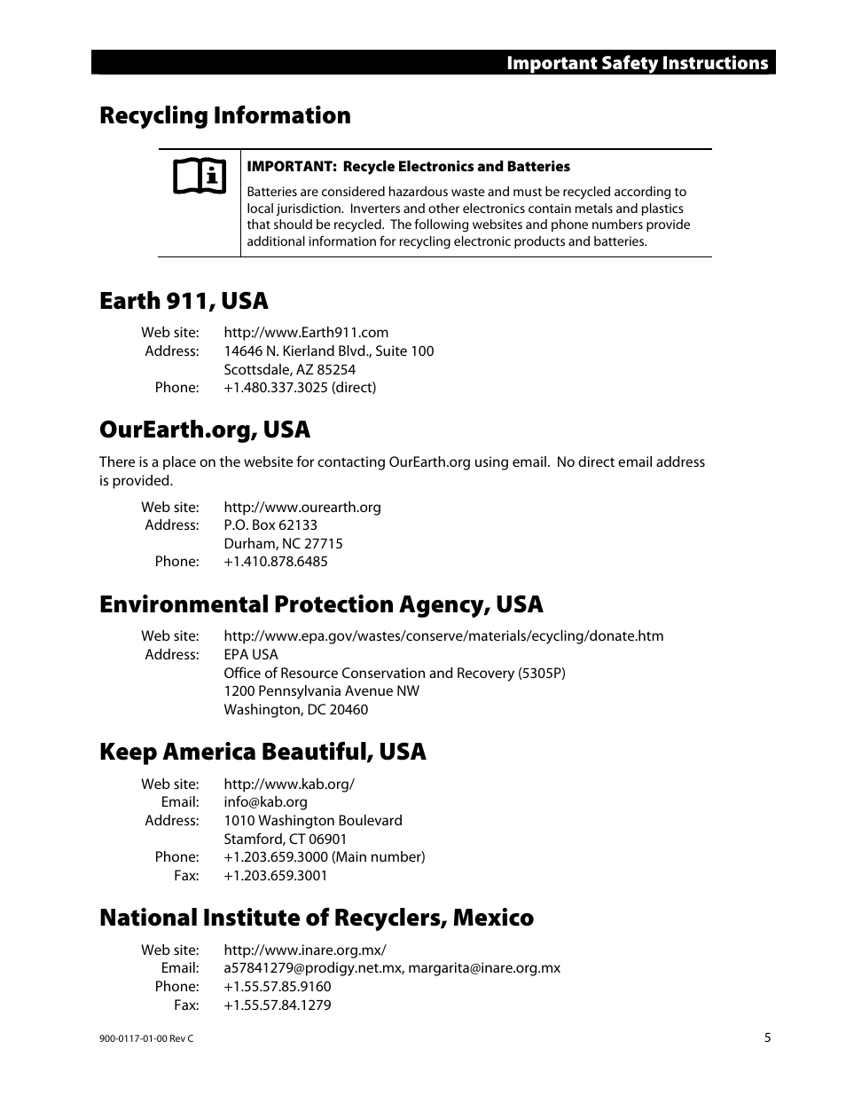 Recycling information, Earth 911, usa, Environmental protection agency, usa | Keep america beautiful, usa, National institute of recyclers, mexico, Important safety instructions | Outback Power Systems MATE3 Owners Manual User Manual | Page 7 / 190