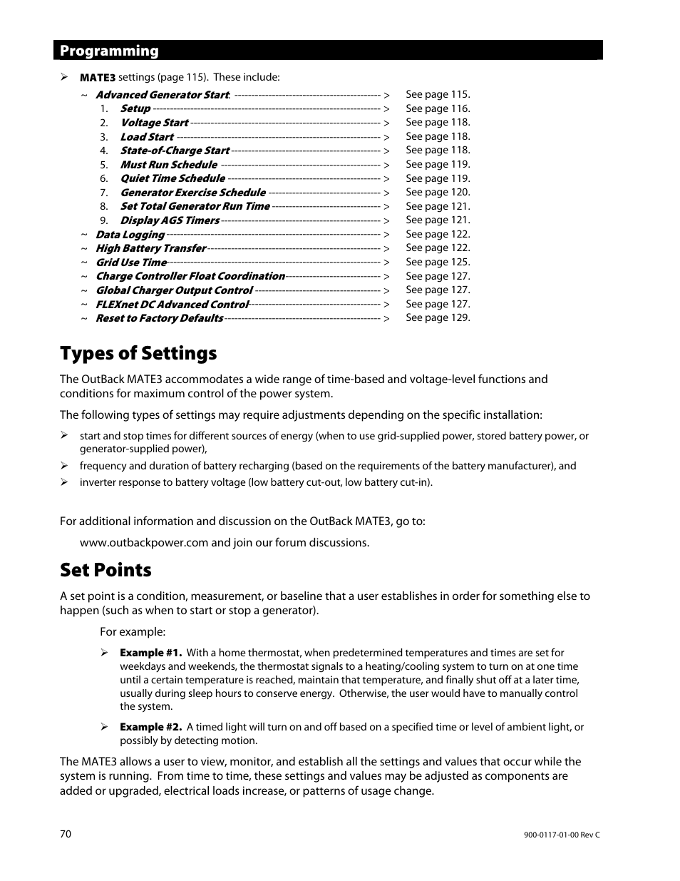 Types of settings, Set points, Programming | Outback Power Systems MATE3 Owners Manual User Manual | Page 72 / 190