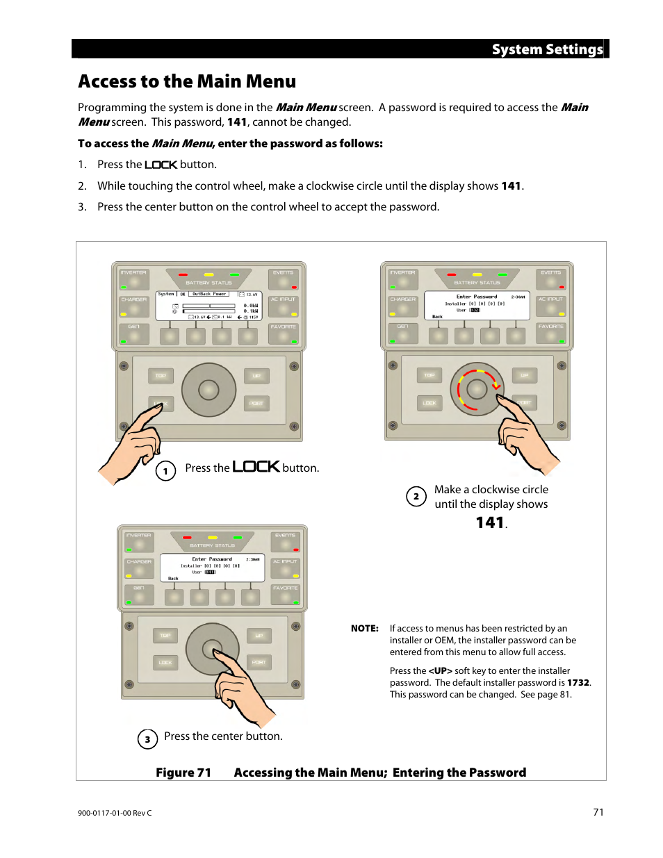 Access to the main menu, Lock, System settings | Outback Power Systems MATE3 Owners Manual User Manual | Page 73 / 190