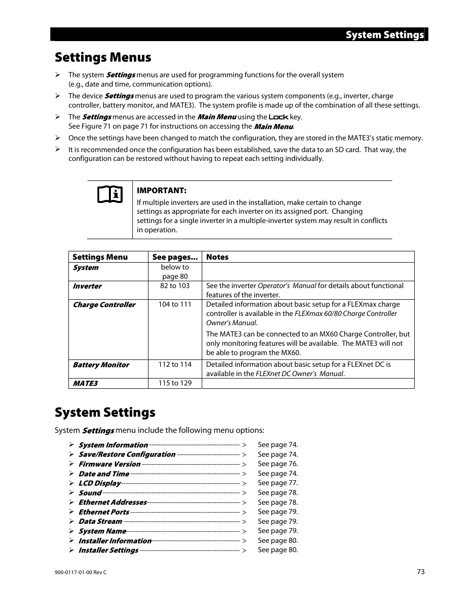 Settings menus, System settings | Outback Power Systems MATE3 Owners Manual User Manual | Page 75 / 190