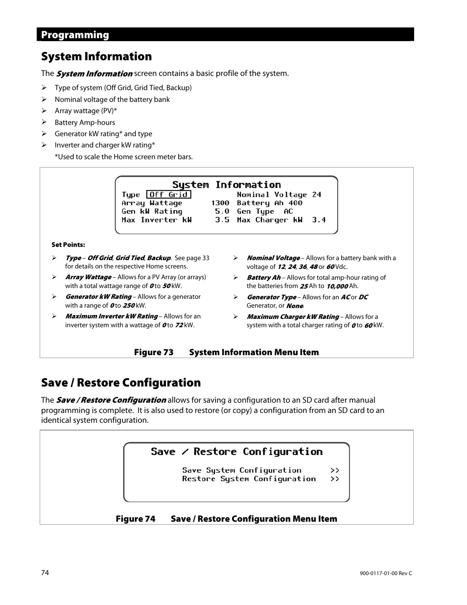 System information, Save / restore configuration, Programming | Outback Power Systems MATE3 Owners Manual User Manual | Page 76 / 190