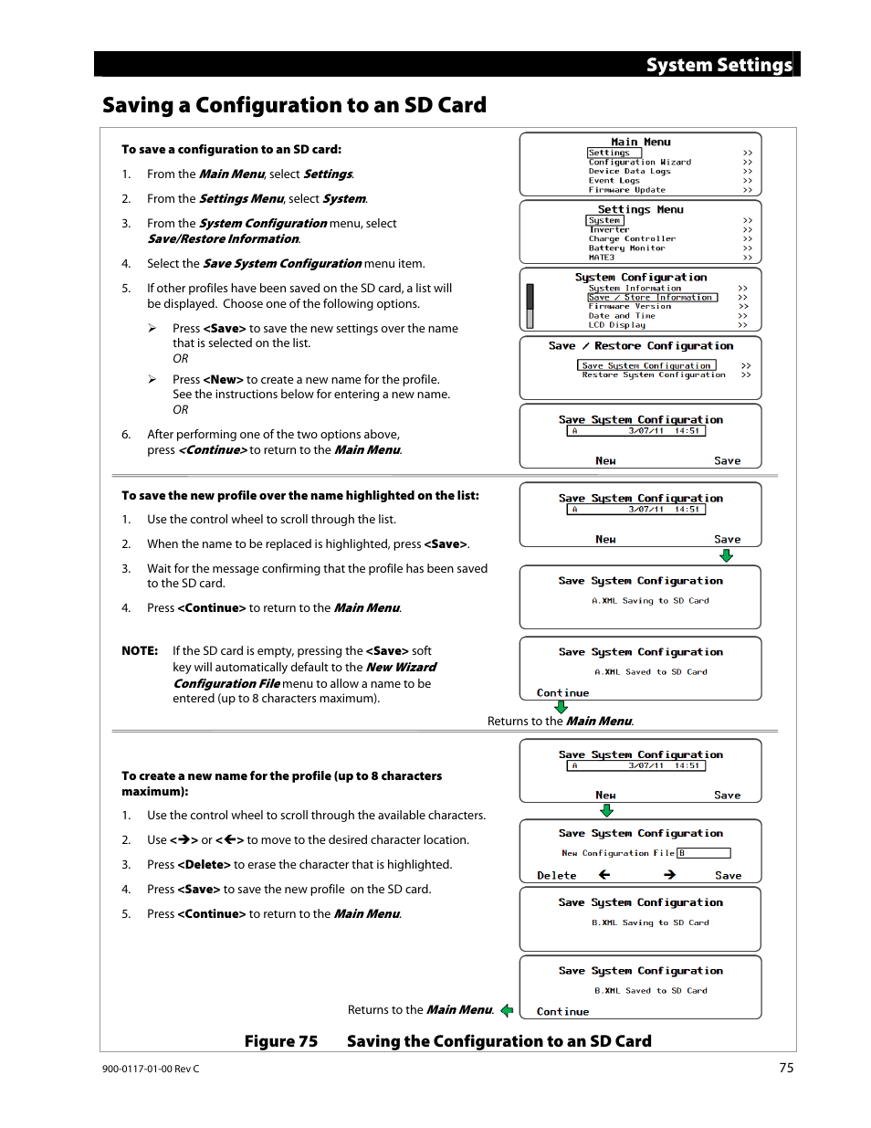 Saving a configuration to an sd card, System settings, Figure 75 saving the configuration to an sd card | Outback Power Systems MATE3 Owners Manual User Manual | Page 77 / 190