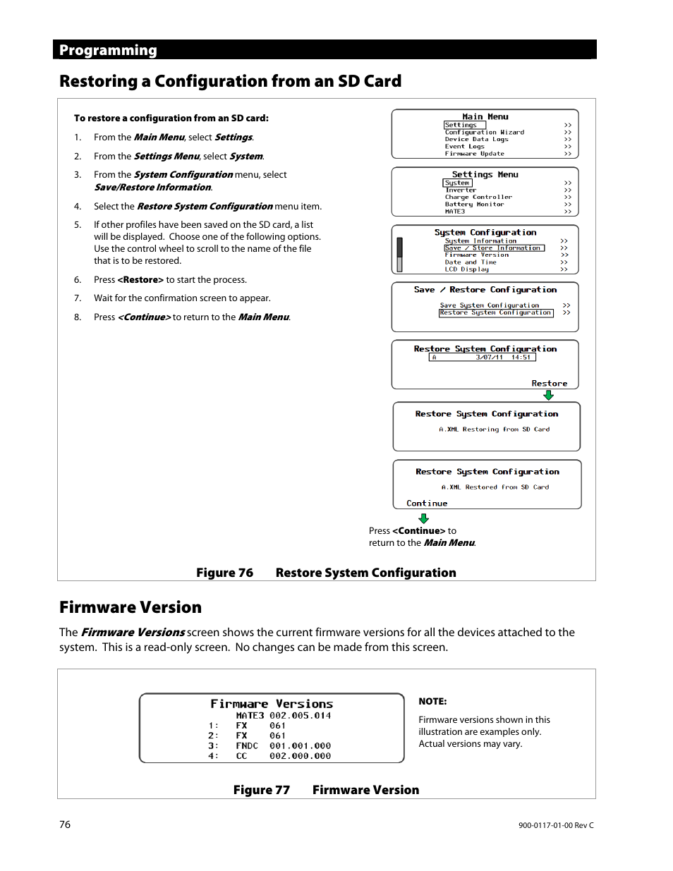 Restoring a configuration from an sd card, Firmware version, Programming | Outback Power Systems MATE3 Owners Manual User Manual | Page 78 / 190