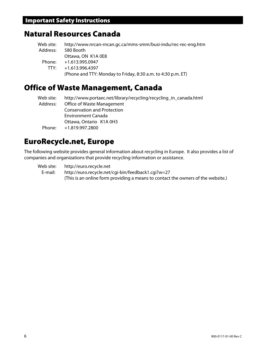 Natural resources canada, Office of waste management, canada, Important safety instructions | Outback Power Systems MATE3 Owners Manual User Manual | Page 8 / 190