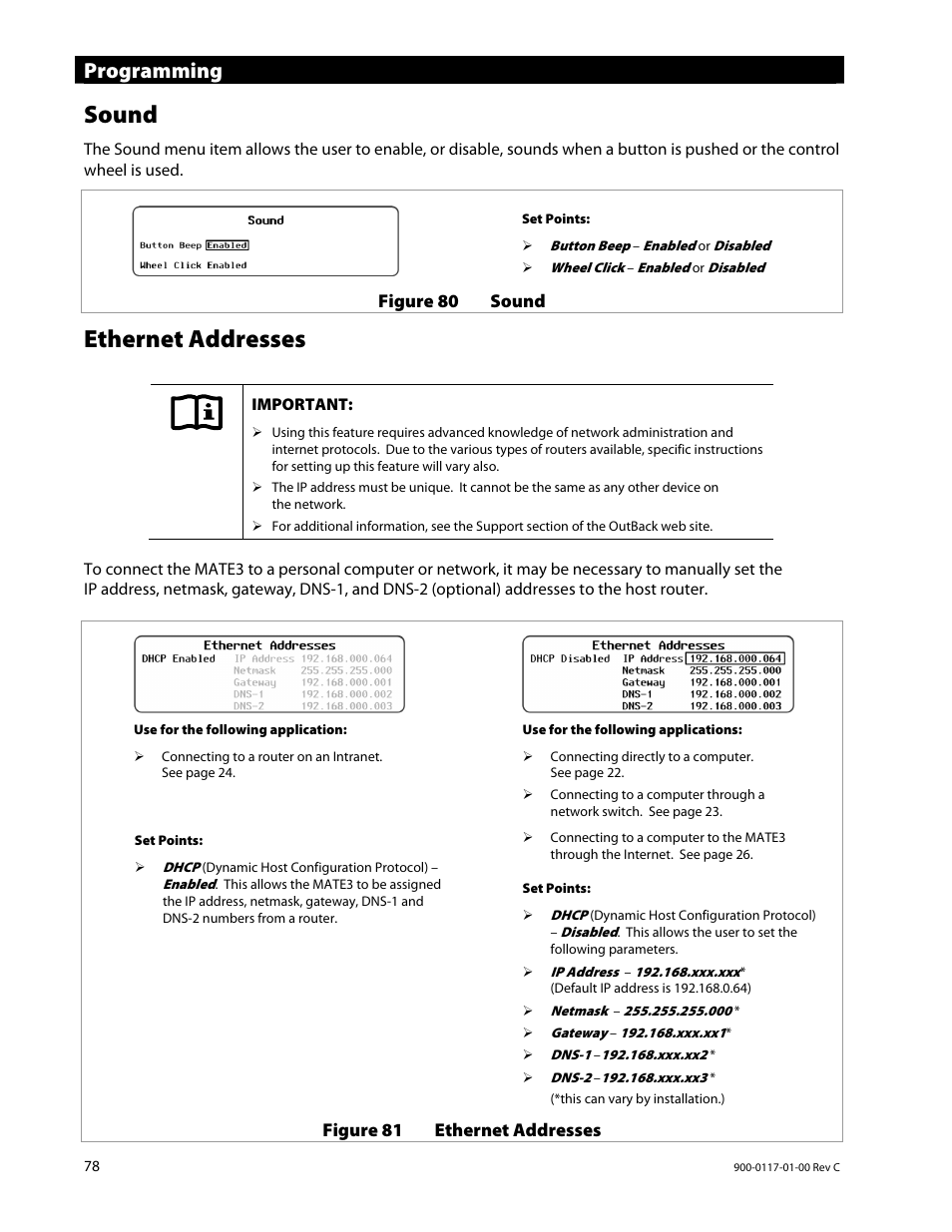 Sound, Ethernet addresses, Programming | Outback Power Systems MATE3 Owners Manual User Manual | Page 80 / 190