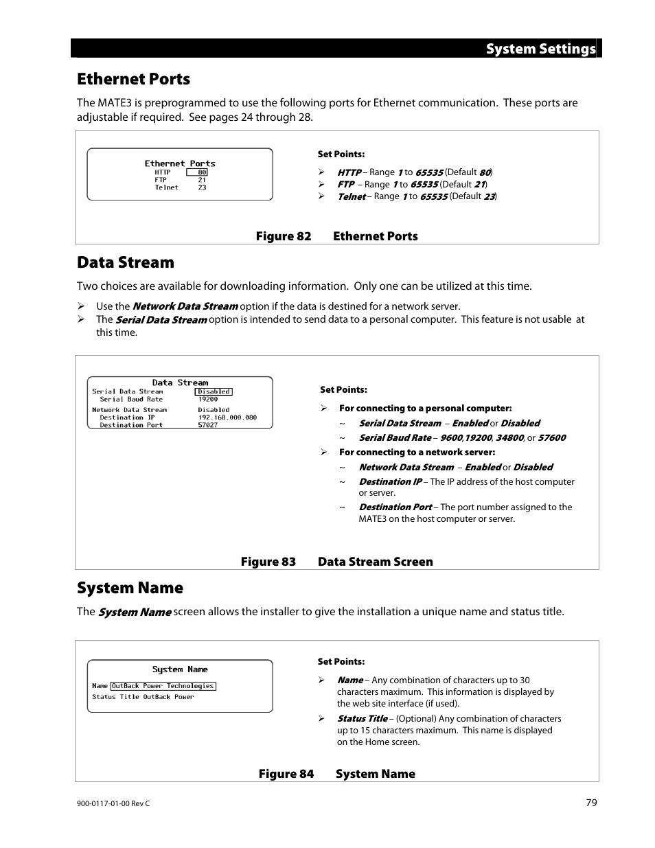 Ethernet ports, Data stream, System name | System settings | Outback Power Systems MATE3 Owners Manual User Manual | Page 81 / 190