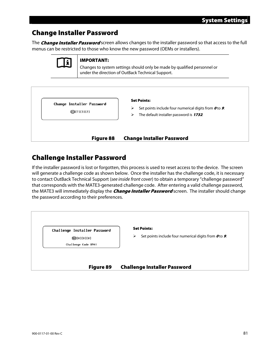 Change installer password, Challenge installer password, System settings | Outback Power Systems MATE3 Owners Manual User Manual | Page 83 / 190