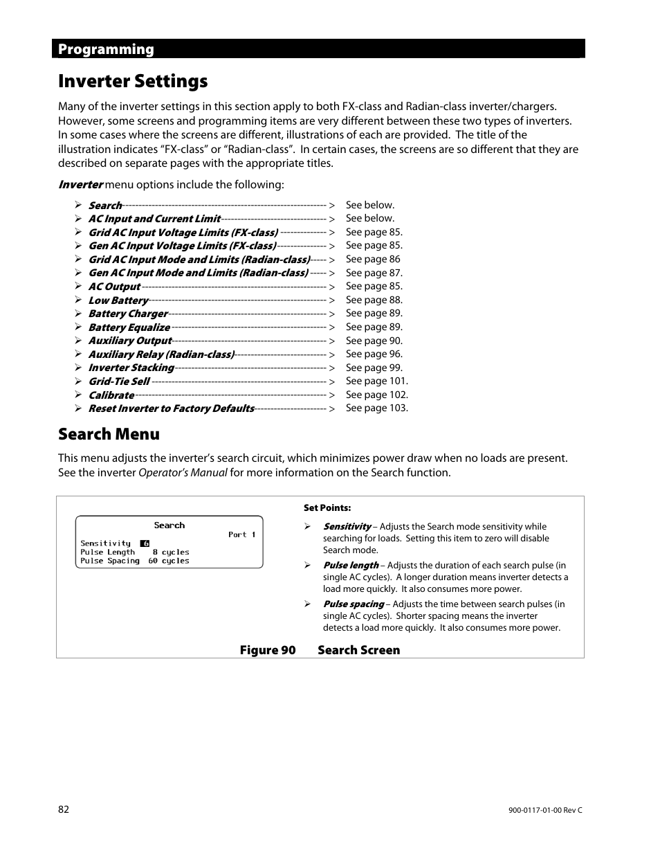 Inverter settings, Search menu, Programming | Outback Power Systems MATE3 Owners Manual User Manual | Page 84 / 190