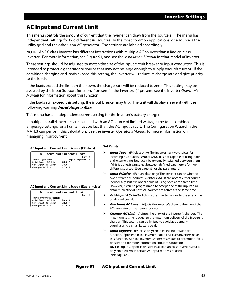 Ac input and current limit, Inverter settings | Outback Power Systems MATE3 Owners Manual User Manual | Page 85 / 190