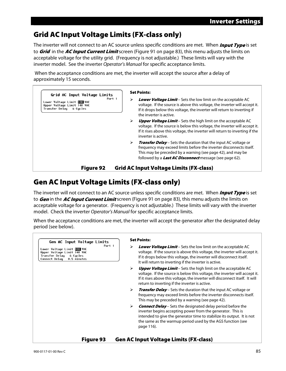 Grid ac input voltage limits (fx-class only), Gen ac input voltage limits (fx-class only), Inverter settings | Outback Power Systems MATE3 Owners Manual User Manual | Page 87 / 190