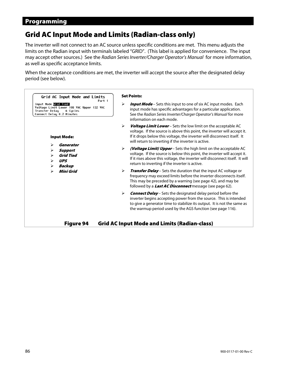 Grid ac input mode and limits (radian-class only), Programming | Outback Power Systems MATE3 Owners Manual User Manual | Page 88 / 190