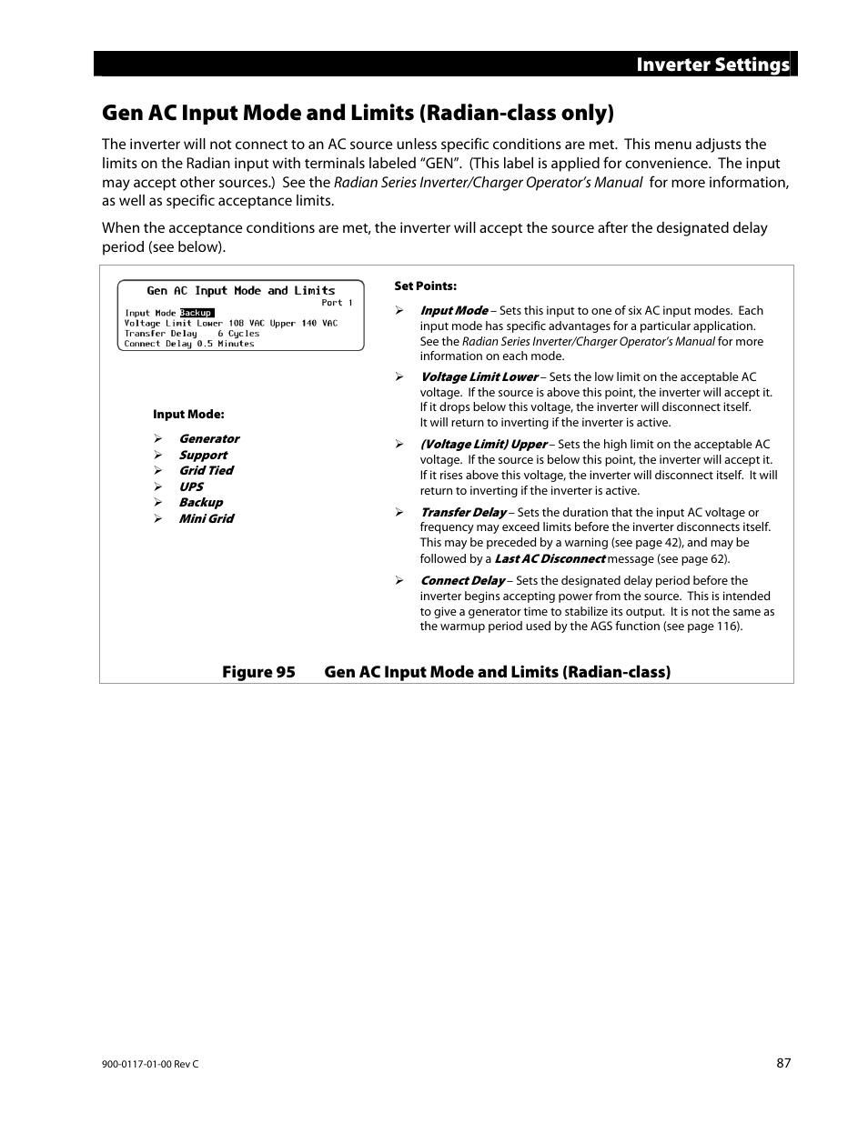 Gen ac input mode and limits (radian-class only), Inverter settings | Outback Power Systems MATE3 Owners Manual User Manual | Page 89 / 190