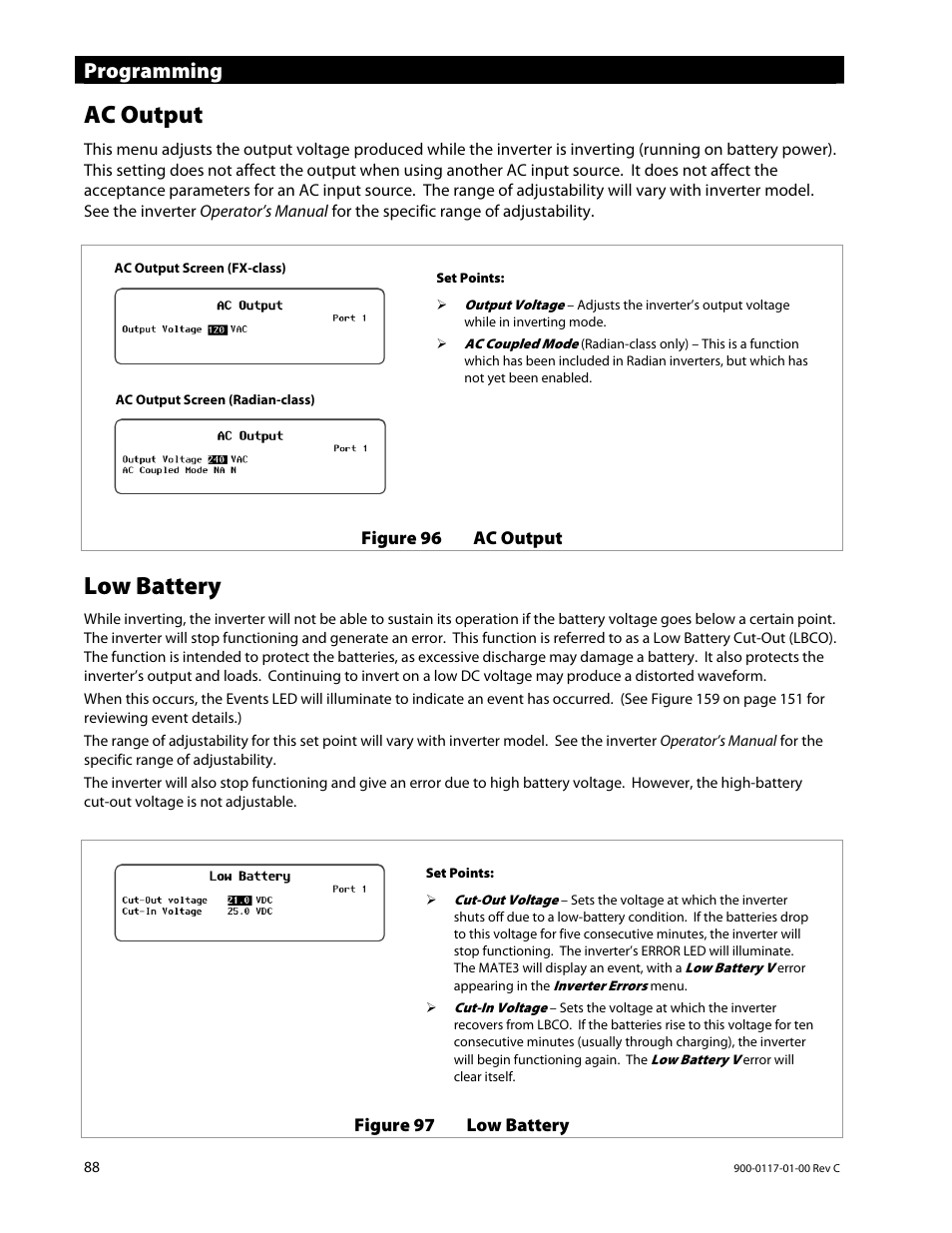 Ac output, Low battery, Programming | Outback Power Systems MATE3 Owners Manual User Manual | Page 90 / 190