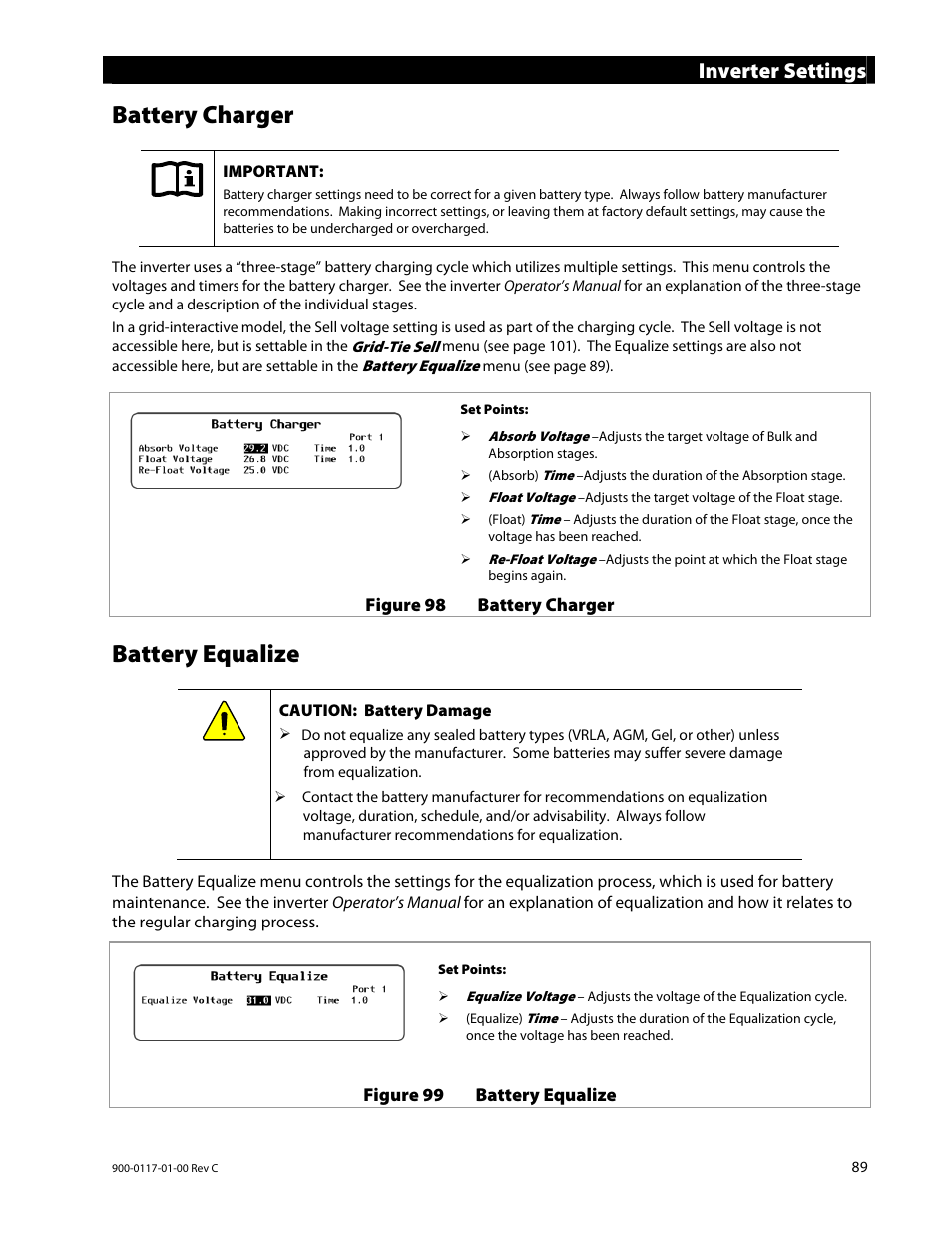 Battery charger, Battery equalize, Inverter settings | Outback Power Systems MATE3 Owners Manual User Manual | Page 91 / 190