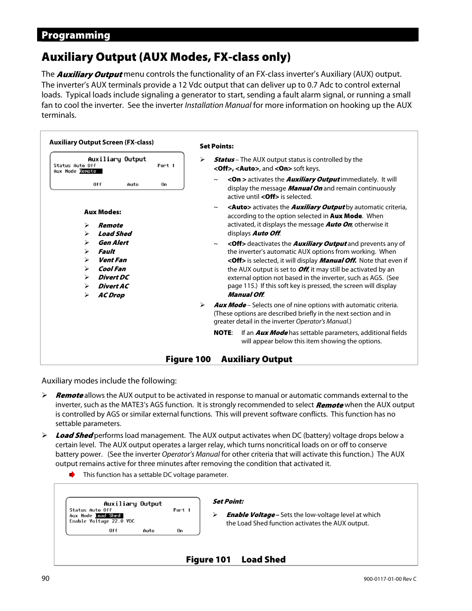 Auxiliary output (aux modes, fx-class only), Programming | Outback Power Systems MATE3 Owners Manual User Manual | Page 92 / 190