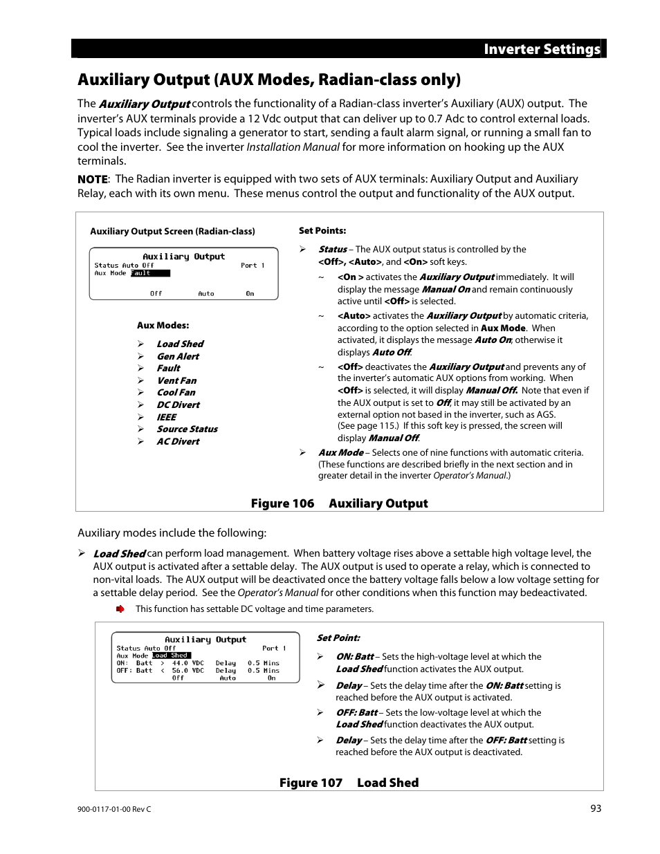 Auxiliary output (aux modes, radian-class only), Inverter settings | Outback Power Systems MATE3 Owners Manual User Manual | Page 95 / 190