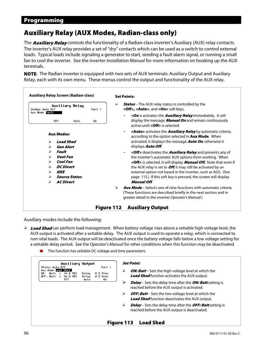 Auxiliary relay (aux modes, radian-class only), Programming | Outback Power Systems MATE3 Owners Manual User Manual | Page 98 / 190