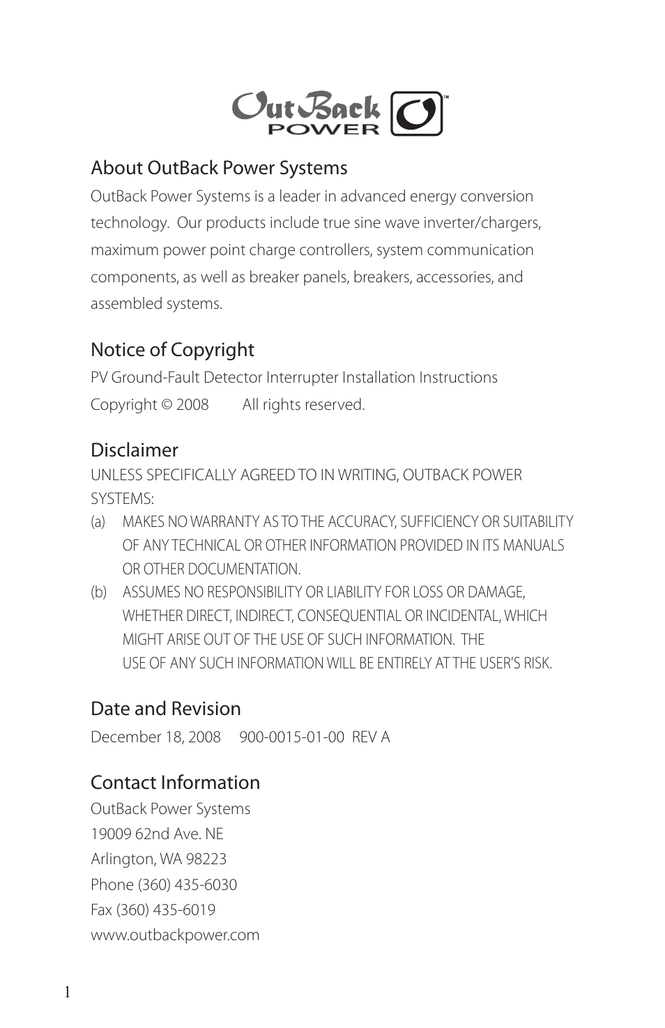 Outback Power Systems PV Ground-Fault Detector Interrupter (GFDI) Installation User Manual | Page 2 / 12