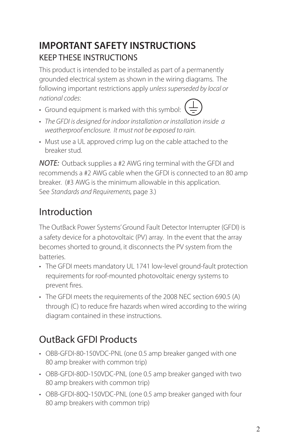 Important safety instructions, Introduction, Outback gfdi products | Outback Power Systems PV Ground-Fault Detector Interrupter (GFDI) Installation User Manual | Page 3 / 12