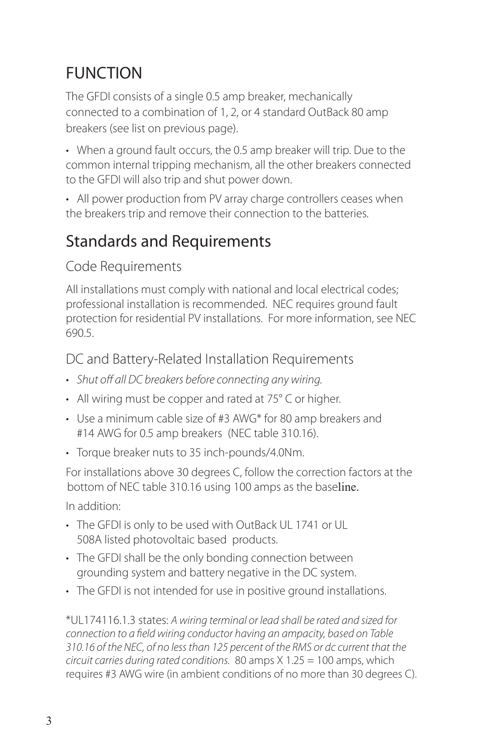Function, Standards and requirements | Outback Power Systems PV Ground-Fault Detector Interrupter (GFDI) Installation User Manual | Page 4 / 12