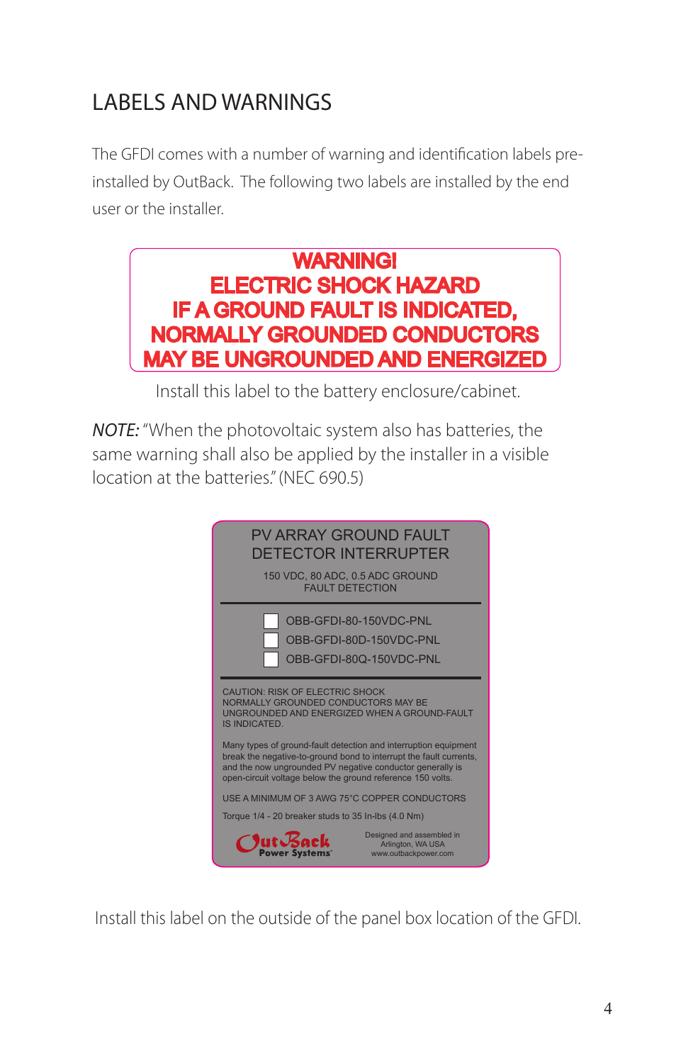 Labels and warnings | Outback Power Systems PV Ground-Fault Detector Interrupter (GFDI) Installation User Manual | Page 5 / 12