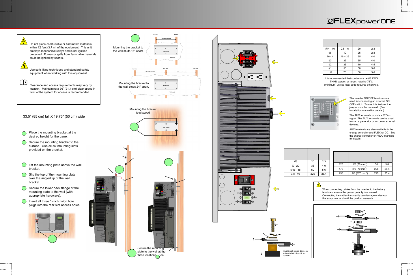 Wire sizes/torque requirements, Mounting, Side view | Warning: personal injury, Warning: fire/explosion hazard, Important | Outback Power Systems FLEXpower ONE Quick Start Guide User Manual | Page 2 / 4