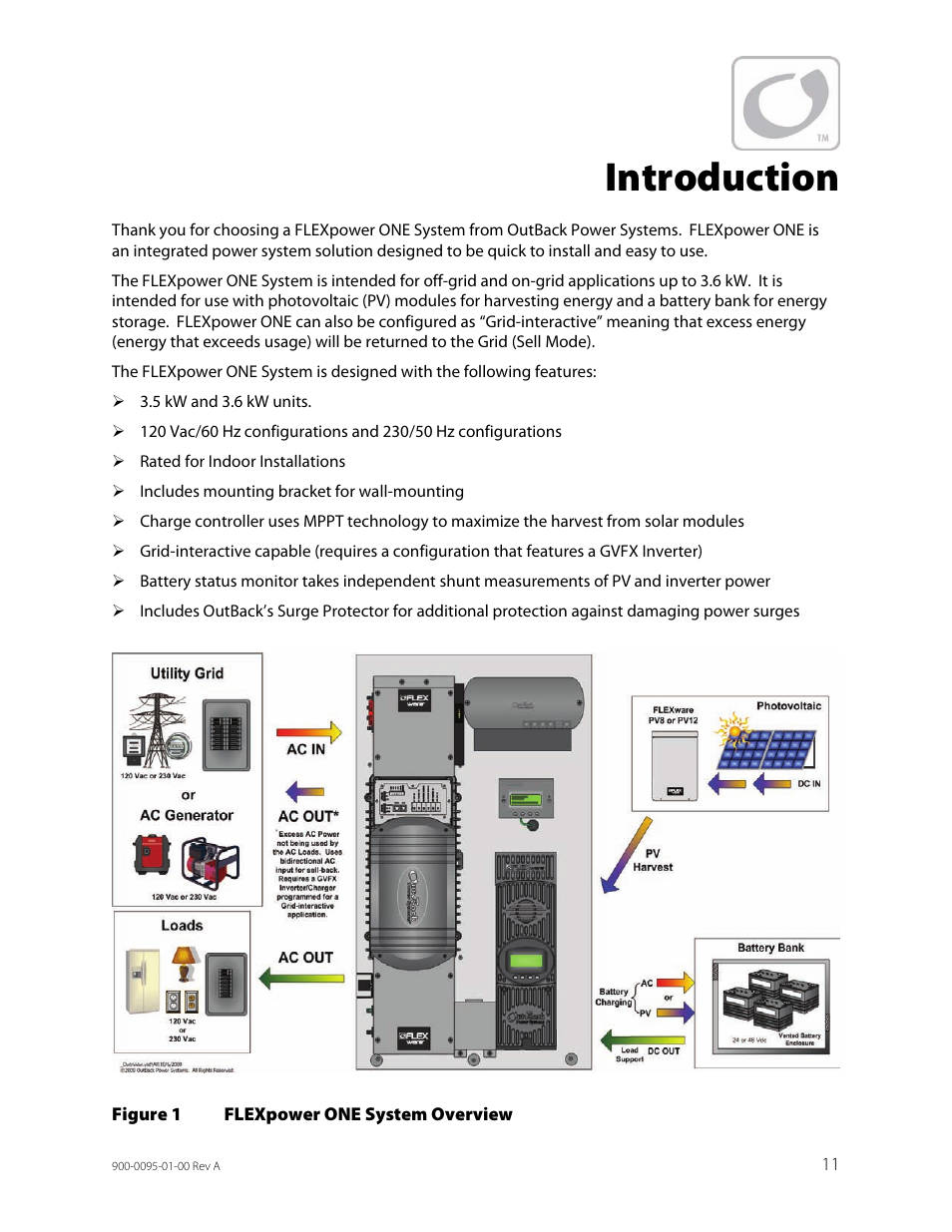 Introduction, Figure 1, Flexpower one system overview | Outback Power Systems FLEXpower ONE One Fully Pre-Wired Single Inverter System Installation Manual User Manual | Page 13 / 72