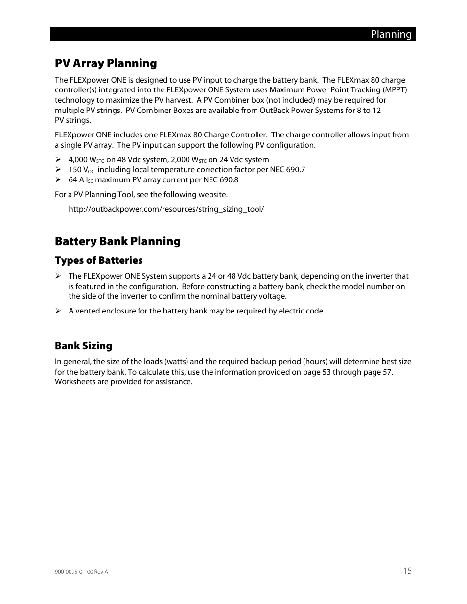 Pv array planning, Battery bank planning, Types of batteries | Bank sizing, Planning | Outback Power Systems FLEXpower ONE One Fully Pre-Wired Single Inverter System Installation Manual User Manual | Page 17 / 72