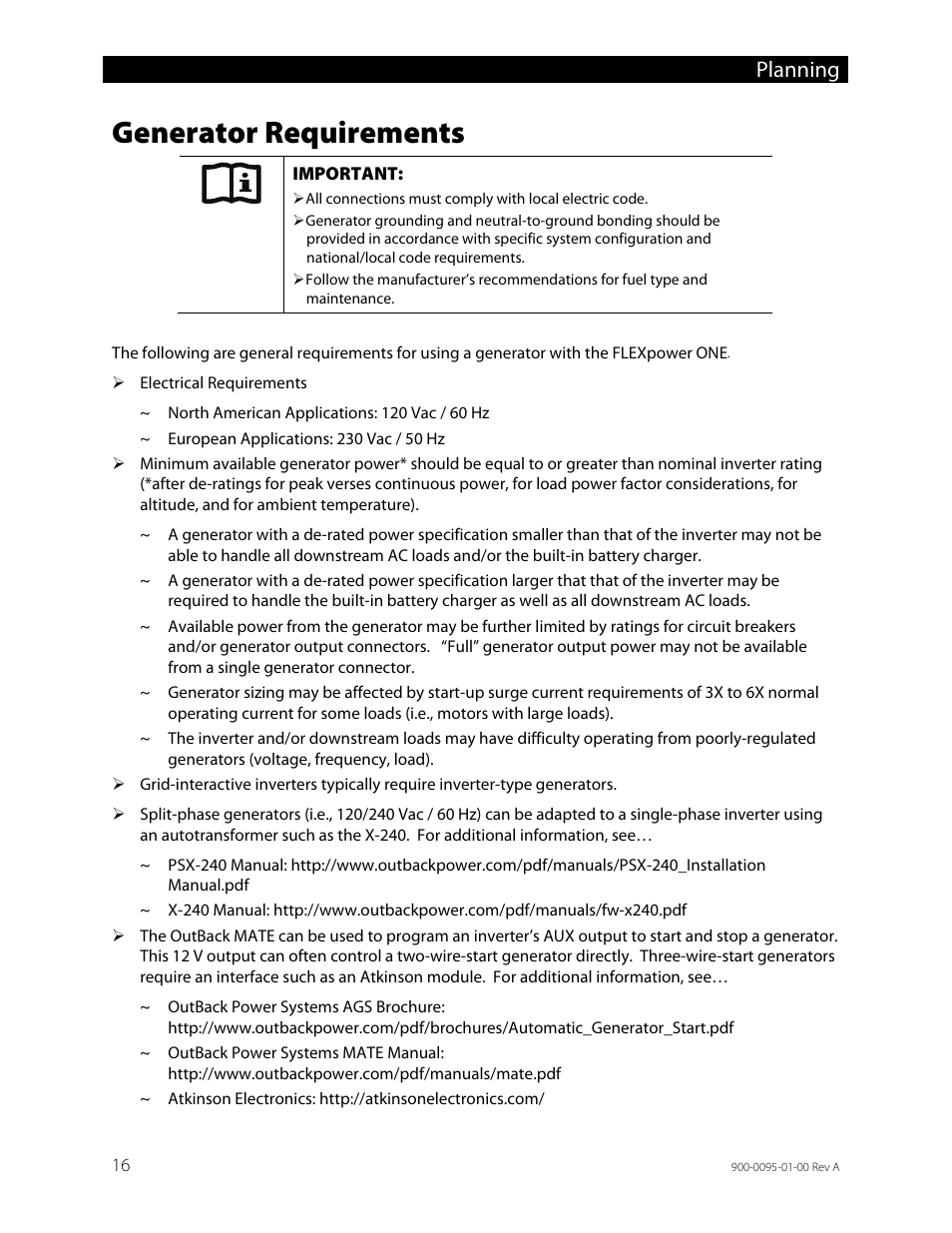 Generator requirements, Planning | Outback Power Systems FLEXpower ONE One Fully Pre-Wired Single Inverter System Installation Manual User Manual | Page 18 / 72