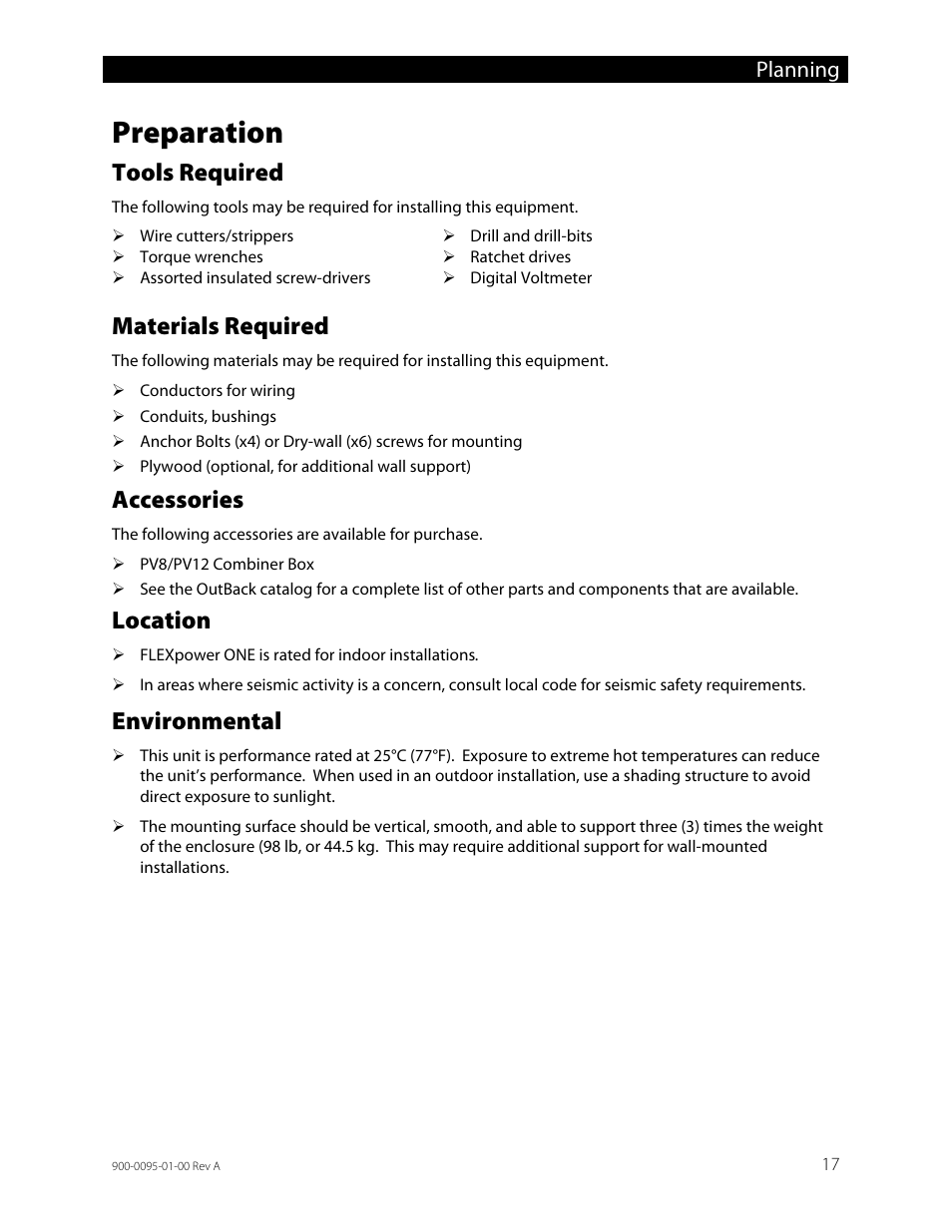 Preparation, Tools required, Materials required | Accessories, Location, Environmental, Planning | Outback Power Systems FLEXpower ONE One Fully Pre-Wired Single Inverter System Installation Manual User Manual | Page 19 / 72