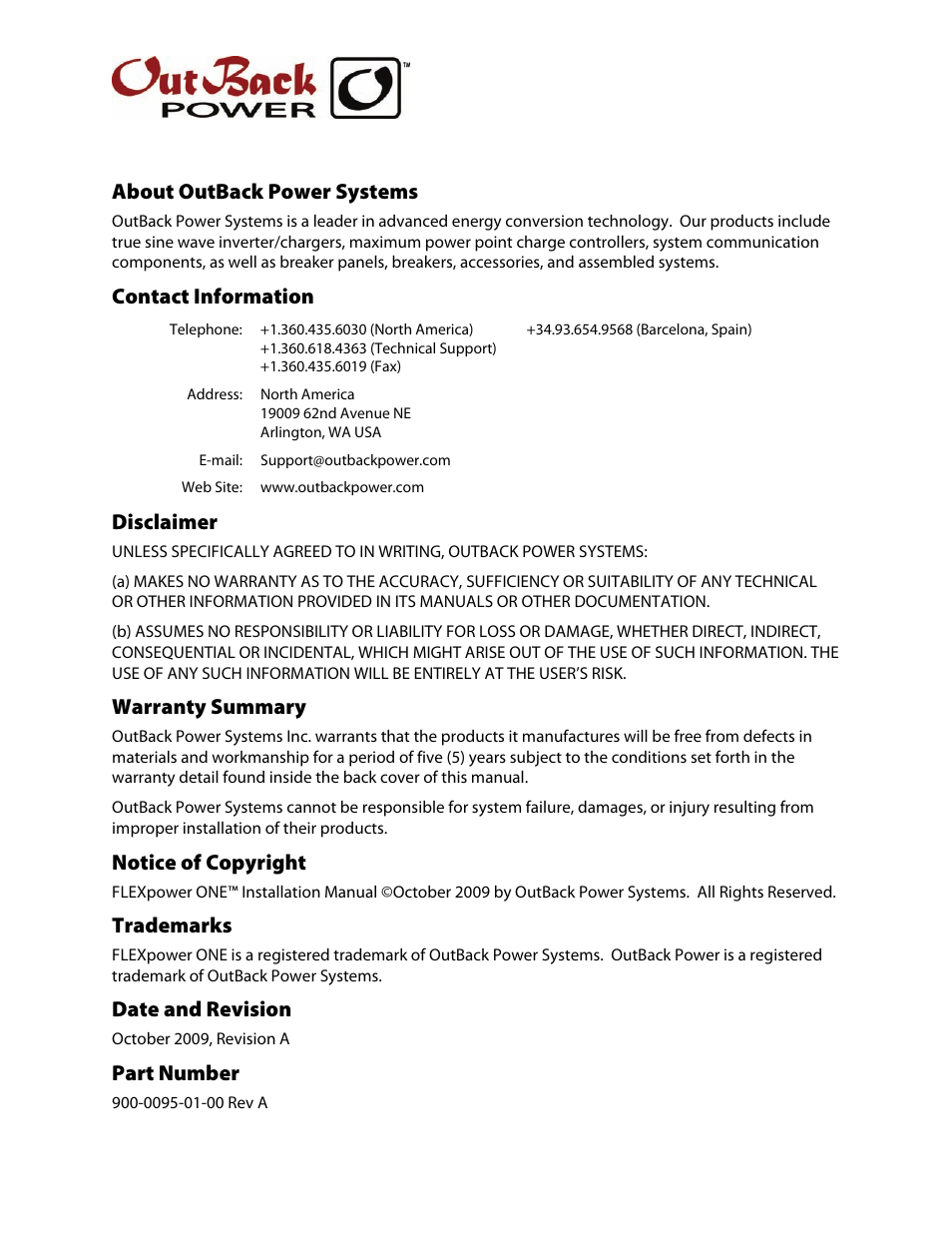 About outback power systems, Contact information, Disclaimer | Warranty summary, Notice of copyright, Trademarks, Date and revision, Part number | Outback Power Systems FLEXpower ONE One Fully Pre-Wired Single Inverter System Installation Manual User Manual | Page 2 / 72