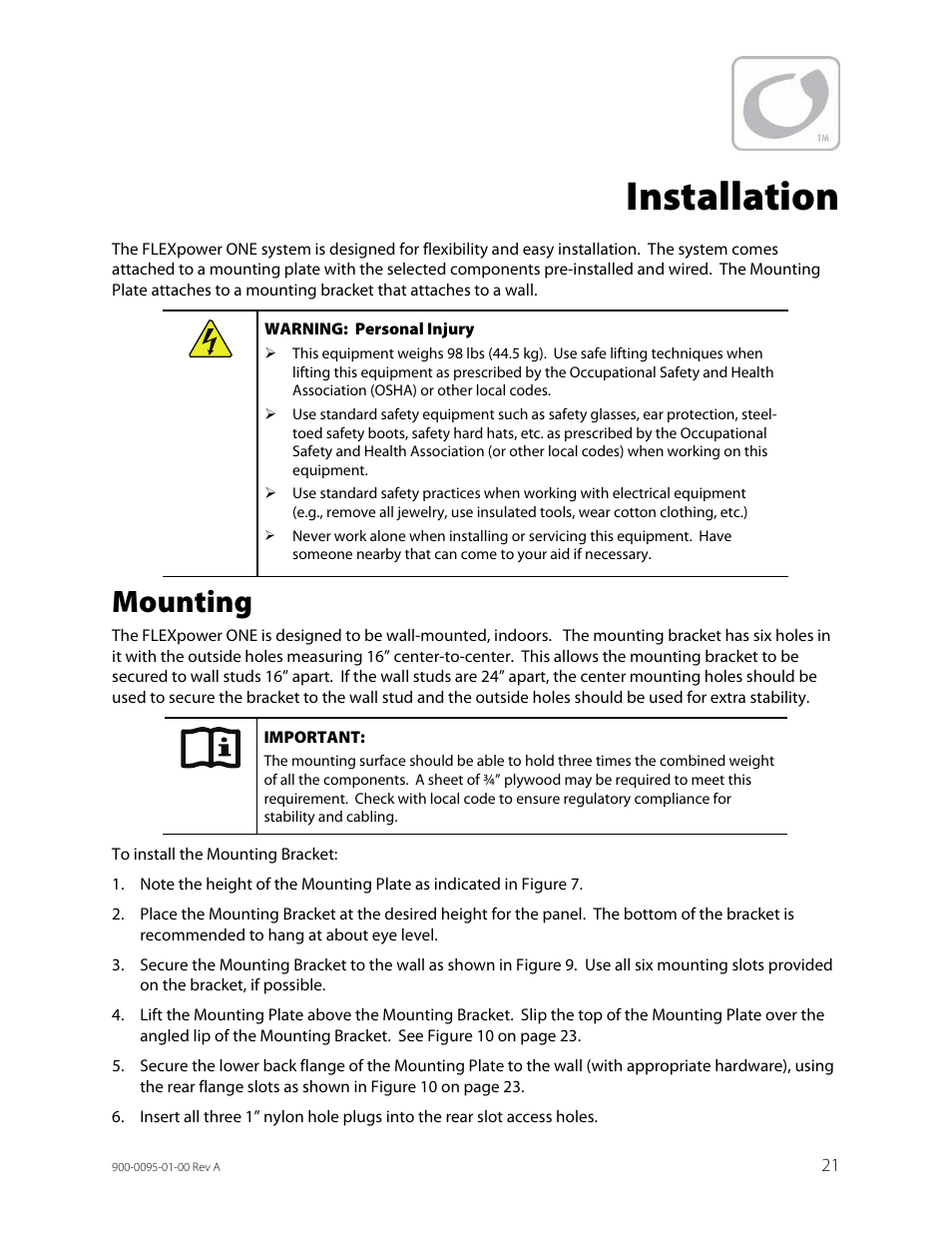 Installation, Mounting | Outback Power Systems FLEXpower ONE One Fully Pre-Wired Single Inverter System Installation Manual User Manual | Page 23 / 72