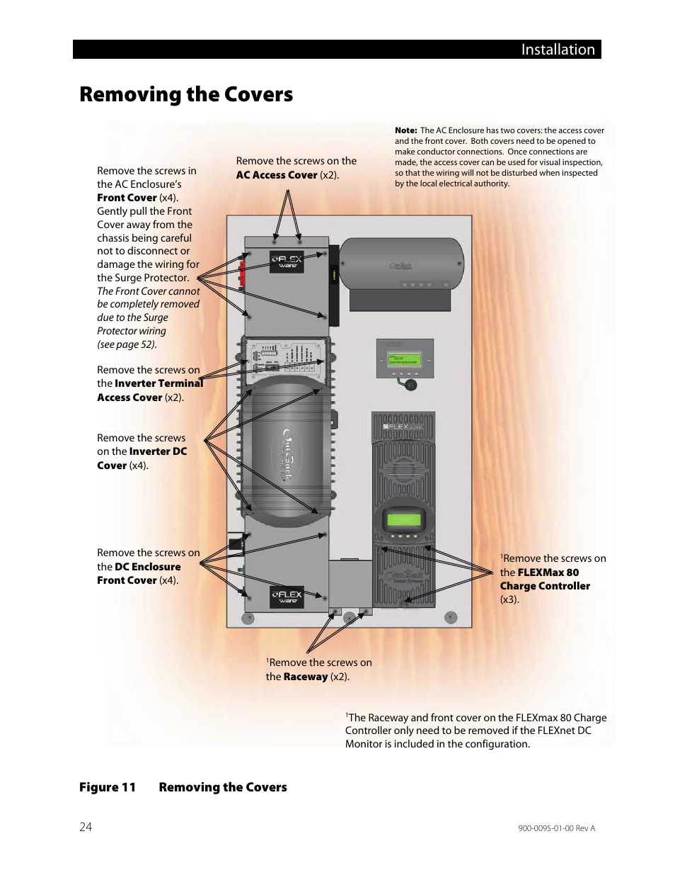 Removing the covers, Figure 11, Installation | Outback Power Systems FLEXpower ONE One Fully Pre-Wired Single Inverter System Installation Manual User Manual | Page 26 / 72